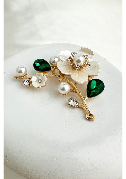 Altın Sarısı Oval Taş Detay Incili Çiçek Motif Broş (6cm) fiyatları