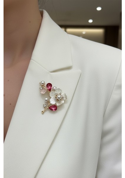 Altın Sarısı Oval Taş Detay Incili Çiçek Motif Broş (6cm)