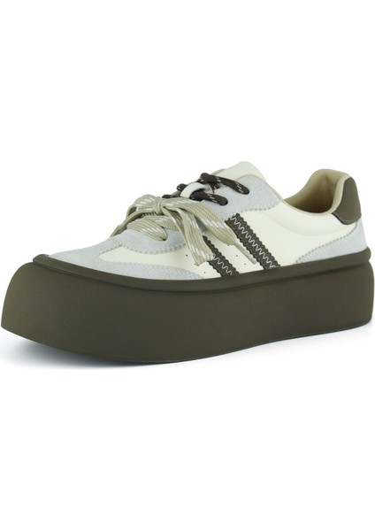 Gri Kahve Vegan Çift Bağcıklı Yuvarlak Burun Flatform Taban Günlük Sneaker Spor Ayakkabı