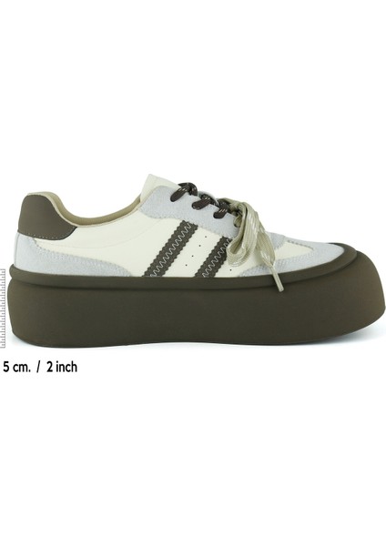 Gri Kahve Vegan Çift Bağcıklı Yuvarlak Burun Flatform Taban Günlük Sneaker Spor Ayakkabı fiyatları