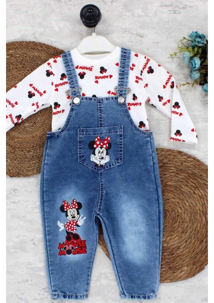 1-4yaş Kız Çocuk Minnie Mouse Badili Baskılı Kot Salopet Tulum Ayarlanabilir Askılı