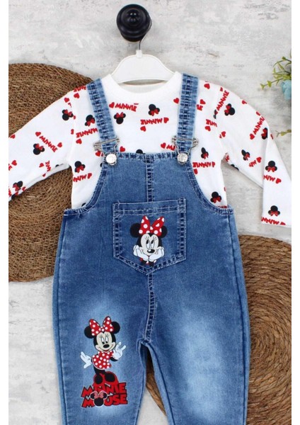 1-4yaş Kız Çocuk Minnie Mouse Badili Baskılı Kot Salopet Tulum Ayarlanabilir Askılı modelleri