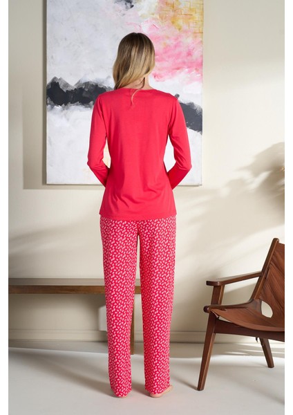 Kadın Desenli Modal Önü Patlı Pijama Takım | Kırmızı 3193 fiyatları