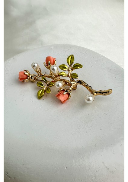 Altın Sarısı Inci Detay Dal Üzeri Gül Broş (6cm)