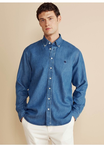 Regular Fit Düğmeli Yaka Lacivert Erkek Gömlek BBFW25MSH015