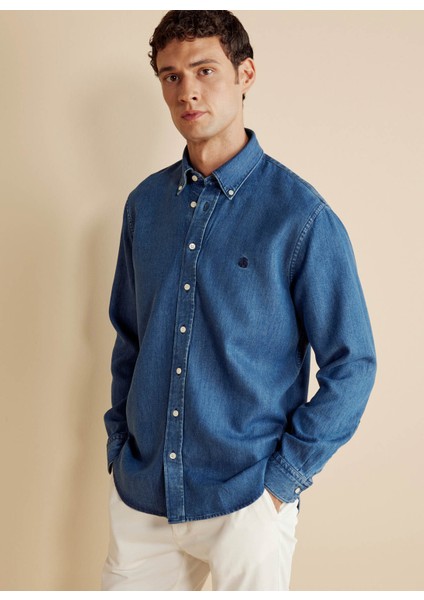 Regular Fit Düğmeli Yaka Lacivert Erkek Gömlek BBFW25MSH015 fiyatları