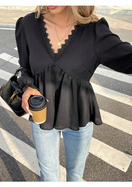 Mdb Kadın Uzun Kollu V Dantel Yaka Aerobin Bluz fiyatları