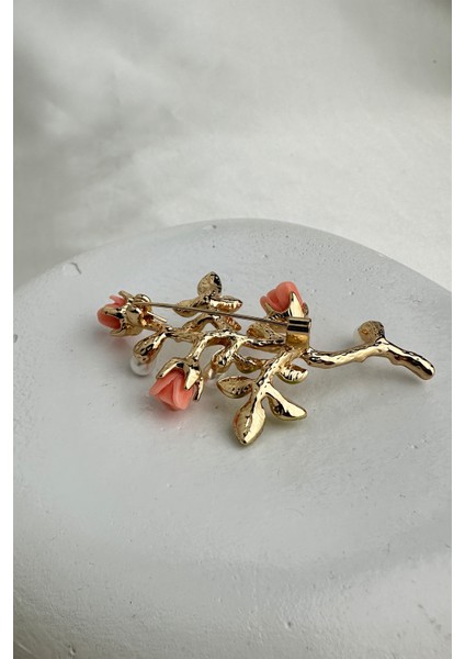 Altın Sarısı Inci Detay Dal Üzeri Gül Broş (6cm) fiyatları