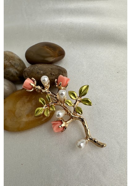 Altın Sarısı Inci Detay Dal Üzeri Gül Broş (6cm) modelleri