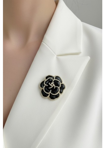 Inci Detay Siyah Mineli Gül Broş (5cm)
