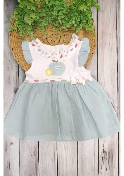 %100 Pamuk Bebe Yaka Elma Nakışlı Altı Müslin Yazlık Kız Bebek Elbise 3-6/6-9/9-12/12-18/18-24AY