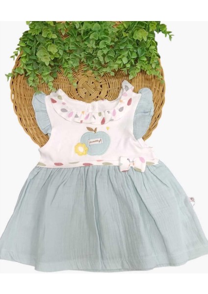 %100 Pamuk Bebe Yaka Elma Nakışlı Altı Müslin Yazlık Kız Bebek Elbise 3-6/6-9/9-12/12-18/18-24AY fiyatları