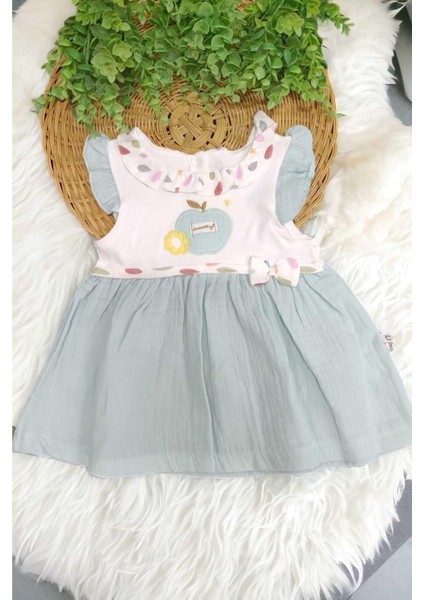 %100 Pamuk Bebe Yaka Elma Nakışlı Altı Müslin Yazlık Kız Bebek Elbise 3-6/6-9/9-12/12-18/18-24AY modelleri