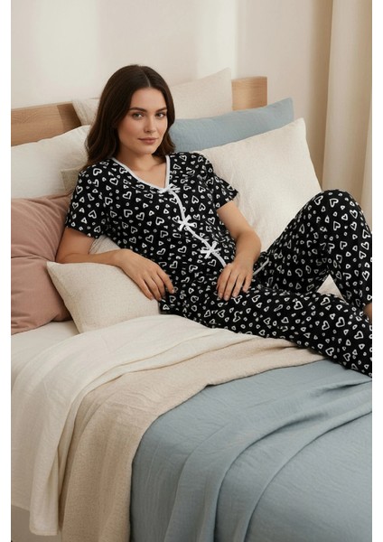 Kadın Siyah Kalp Desenli Fiyonklu Kısa Kollu Uzun Pijama Takımı indirimleri