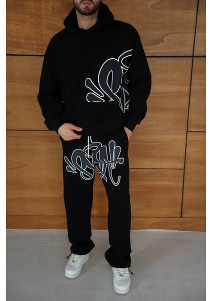 Erkek Kapüşonlu Eşofman Takım Graffiti Baskılı Oversize Rahat Kalıp, Kanguru Cepli, Streetwear Tarzında Premium Ürün 3 Iplik Pamuklu - Siyah