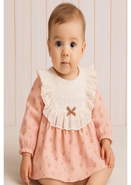 Kız Bebek Dantel Yaka Detaylı Vintage Çiçek Desenli Elbise Mevsimlik Şık Model 3-6-9-12-18-24AY