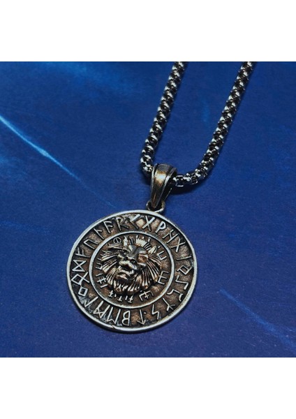 Aslan Figürlü Viking Pusulası El Işçiliği 925 Ayar Gümüş Erkek Kolye
