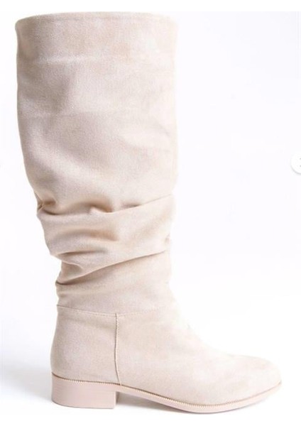 Kadın Mika Bej Süet Düz Taban Büzgülü Diz Altı Boy Çekme Çizme