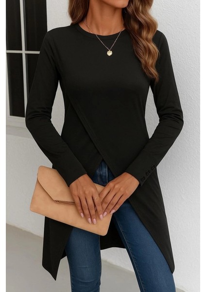 Mdb Kadın Uzun Kollu Bisiklet Yaka Önden Çapraz Kesim Detay Midi Viskon Bluz fiyatları