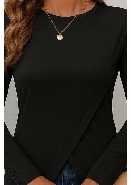 Mdb Kadın Uzun Kollu Bisiklet Yaka Önden Çapraz Kesim Detay Midi Viskon Bluz modelleri