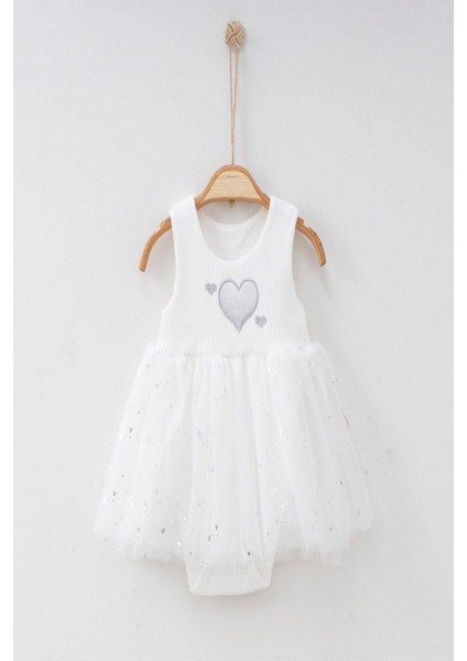 Kalp Desenli Tüllü Elbise Üstü Fitilli Kolsuz Yazlık Alttan Çıtçıtlı Bodyli Kız Çocuk