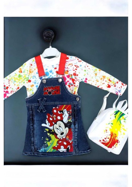 Minnie Desenli Kot Jile Badili Çantalı 3lü Takım 1-5 Yaş Kız Çocuk Ayarlanabilir Askılı Uzun Kollu