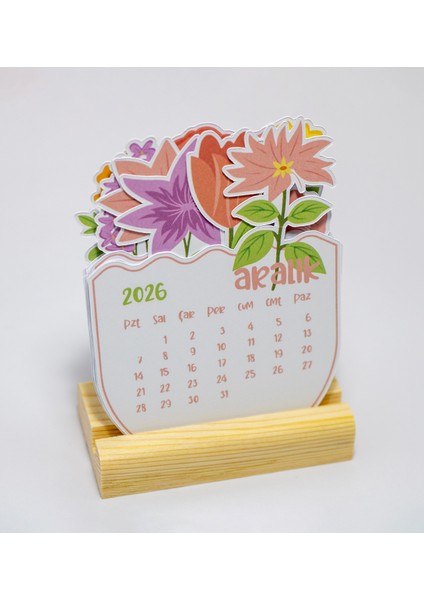 2026 Renkli Minimal Çiçek Tasarım Takvim, Ahşap Standlı Masaüstü Takvim, 9X11 cm