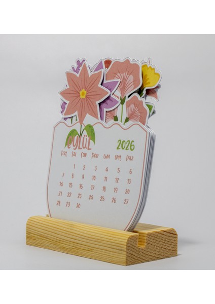 2026 Renkli Minimal Çiçek Tasarım Takvim, Ahşap Standlı Masaüstü Takvim, 9X11 cm fiyatları