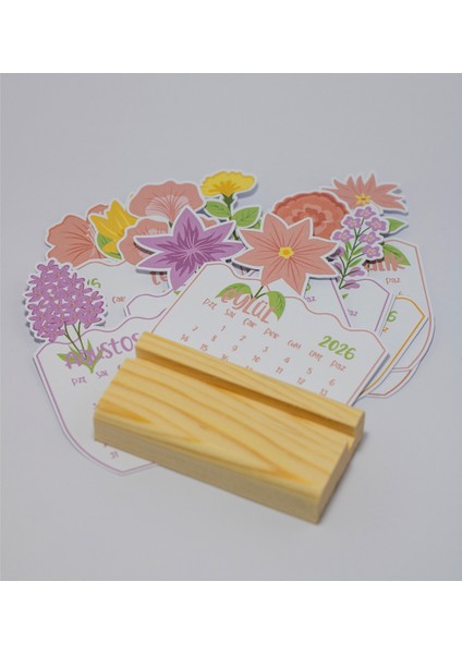 2026 Renkli Minimal Çiçek Tasarım Takvim, Ahşap Standlı Masaüstü Takvim, 9X11 cm fırsatları