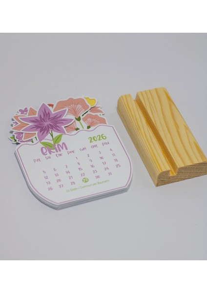 2026 Renkli Minimal Çiçek Tasarım Takvim, Ahşap Standlı Masaüstü Takvim, 9X11 cm