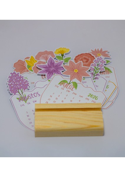 2026 Renkli Minimal Çiçek Tasarım Takvim, Ahşap Standlı Masaüstü Takvim, 9X11 cm