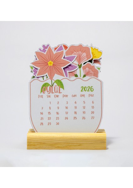 2026 Renkli Minimal Çiçek Tasarım Takvim, Ahşap Standlı Masaüstü Takvim, 9X11 cm