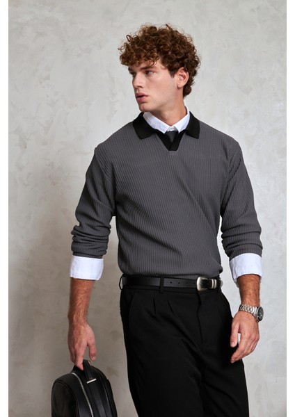 Erkek Polo Yaka Nopeli Oversize Triko Kazak