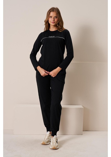 Kadın Pamuklu Yazı Detay Bisiklet Yaka Takım | Siyah 3197