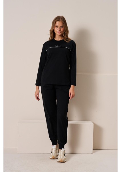 Kadın Pamuklu Yazı Detay Bisiklet Yaka Takım | Siyah 3197 fiyatları