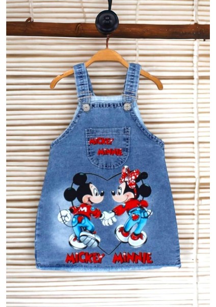 Kız Çocuk Kot Jile Salopet Minnie Mouse Baskılı Denim Elbise