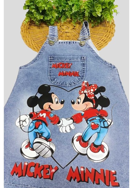 Kız Çocuk Kot Jile Salopet Minnie Mouse Baskılı Denim Elbise fiyatları