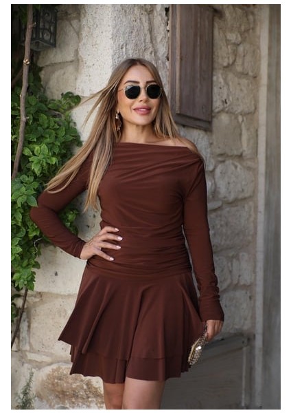 Buketli Kadın Beli Drapeli Eteği Kat Kat Uzun Kollu Sandy Kumaş Mini Elbise fiyatları