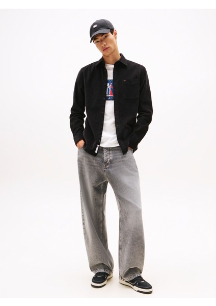 Regular Fit Siyah Düz Erkek Gömlek DM0DM22021BDS Tjm Reg Baby Cord Shı