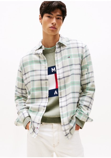 Regular Fit Yeşil Çizgili Erkek Gömlek DM0DM220240H7 Tjm Reg Flannel Check fiyatları