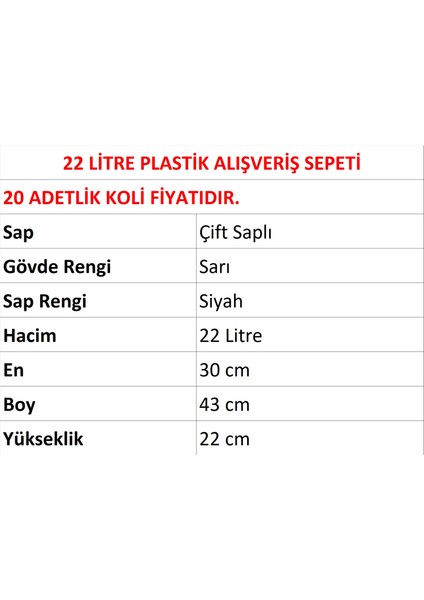 Plastik Market Alışveriş El Sepeti 22 Litre Sarı 20 Adet fiyatları