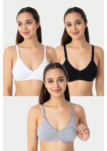 3 Adet Siyah Beyaz Gri Kadın Pamuklu Emzirme Sütyeni Balensiz Esnek Yumuşak Kumaş
