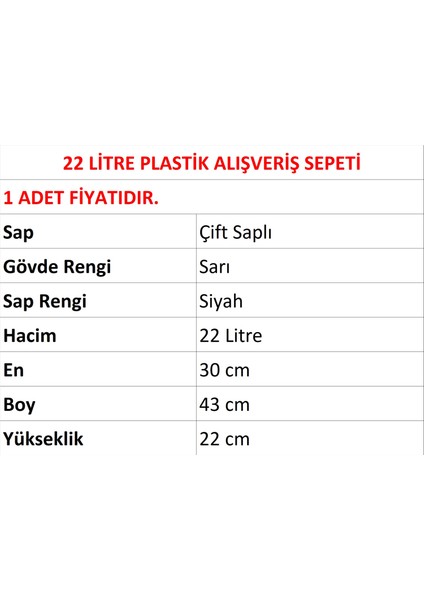 Plastik Market Alışveriş El Sepeti 22 Litre Sarı 1 Adet fiyatları