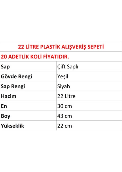Plastik Market Alışveriş El Sepeti 22 Litre Yeşil 20 Adet fiyatları