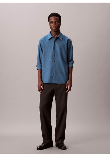 Normal Gömlek Yaka Mavi Erkek Gömlek LV04LD119GROC_LS Melange Flannel Ea