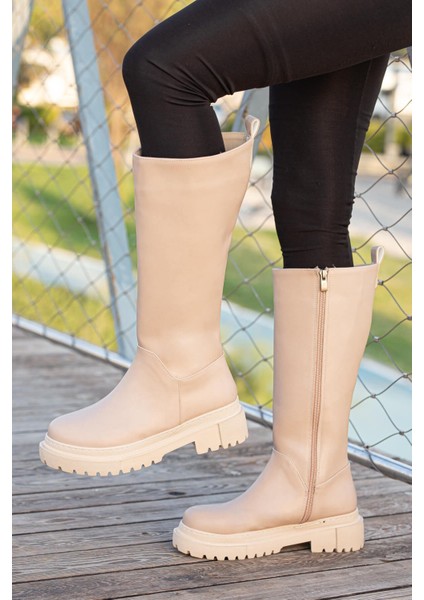 Fermuarlı Kadın Düz Çizme Nude Cilt