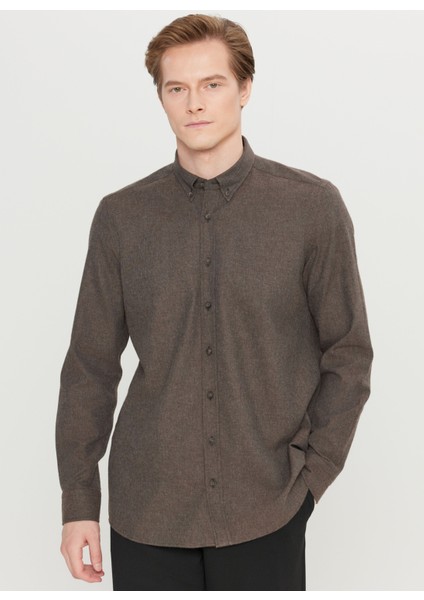 Slim Fit Düğmeli Yaka Kahve Erkek Gömlek ACE020261519_KHV