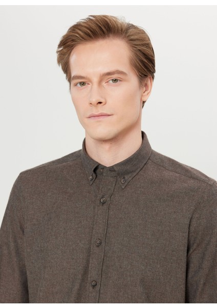 Slim Fit Düğmeli Yaka Kahve Erkek Gömlek ACE020261519_KHV fırsatları