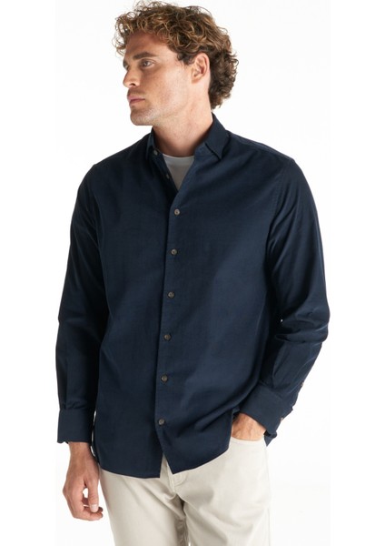 Comfort Fit Alttan Britli Yaka Fitilli Lacivert Erkek Gömlek TBMRSH1086