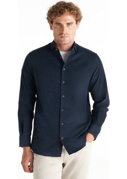 Comfort Fit Alttan Britli Yaka Fitilli Lacivert Erkek Gömlek TBMRSH1086 modelleri